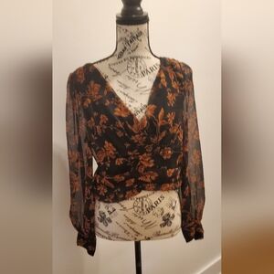 Style Rack Floral Sheer Black and Orange Women's Top